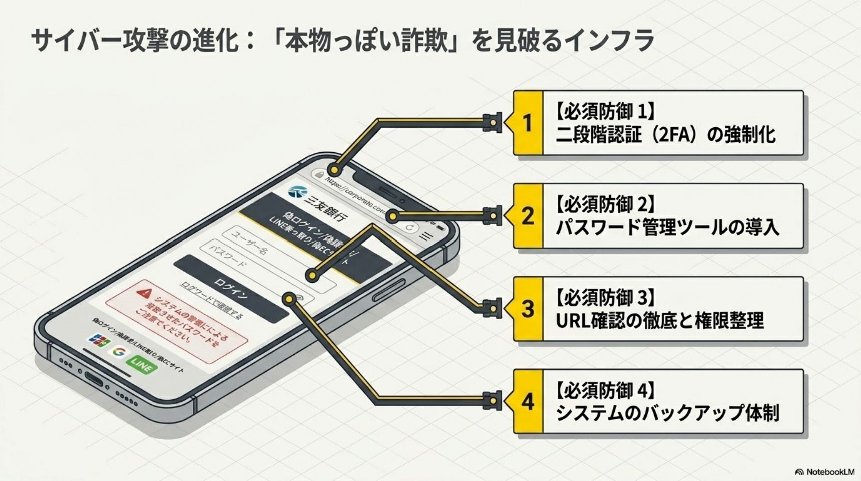 サイバー攻撃の進化・本物っぽい詐欺を見破るインフラ・二段階認証2FAの強制化やパスワード管理ツールやURL確認と権限整理やバックアップ体制