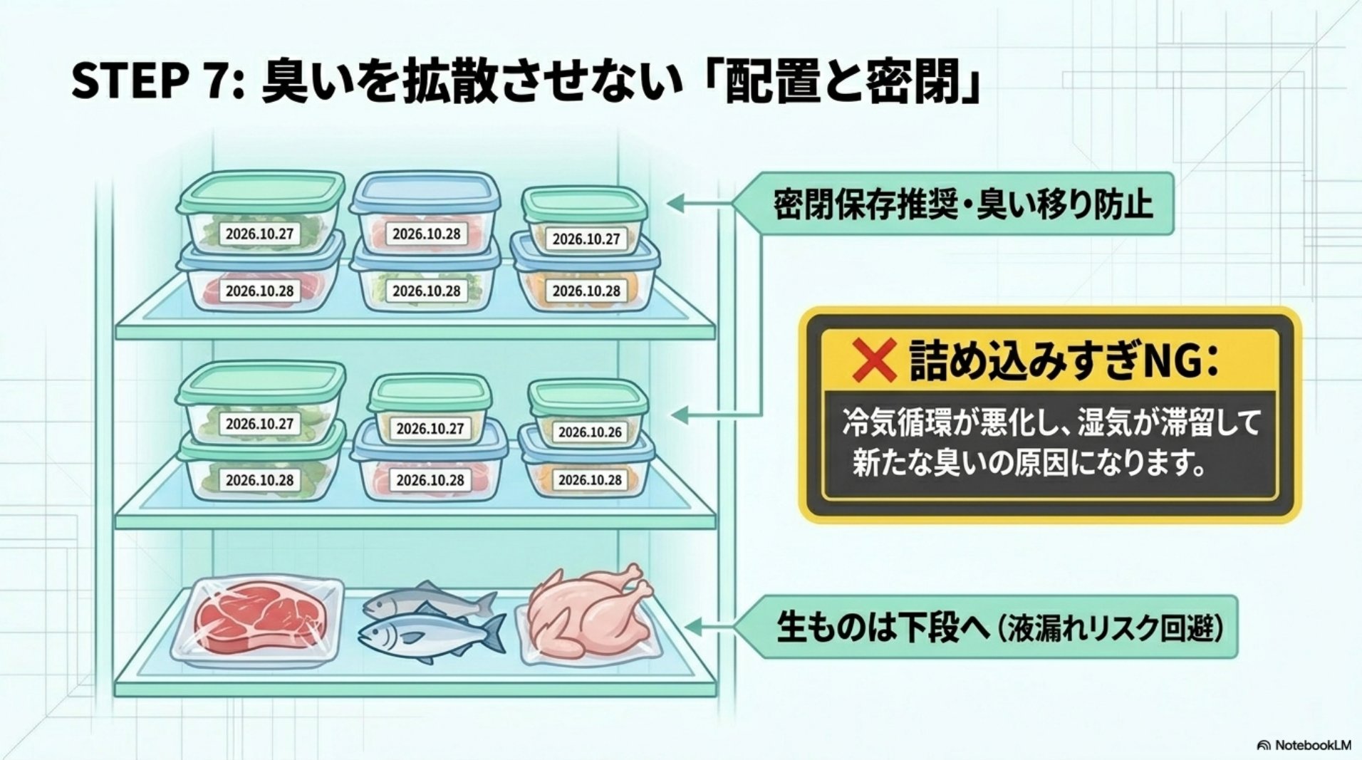 STEP7・密閉保存と生ものは下段・詰め込みすぎは冷気循環を悪化させる