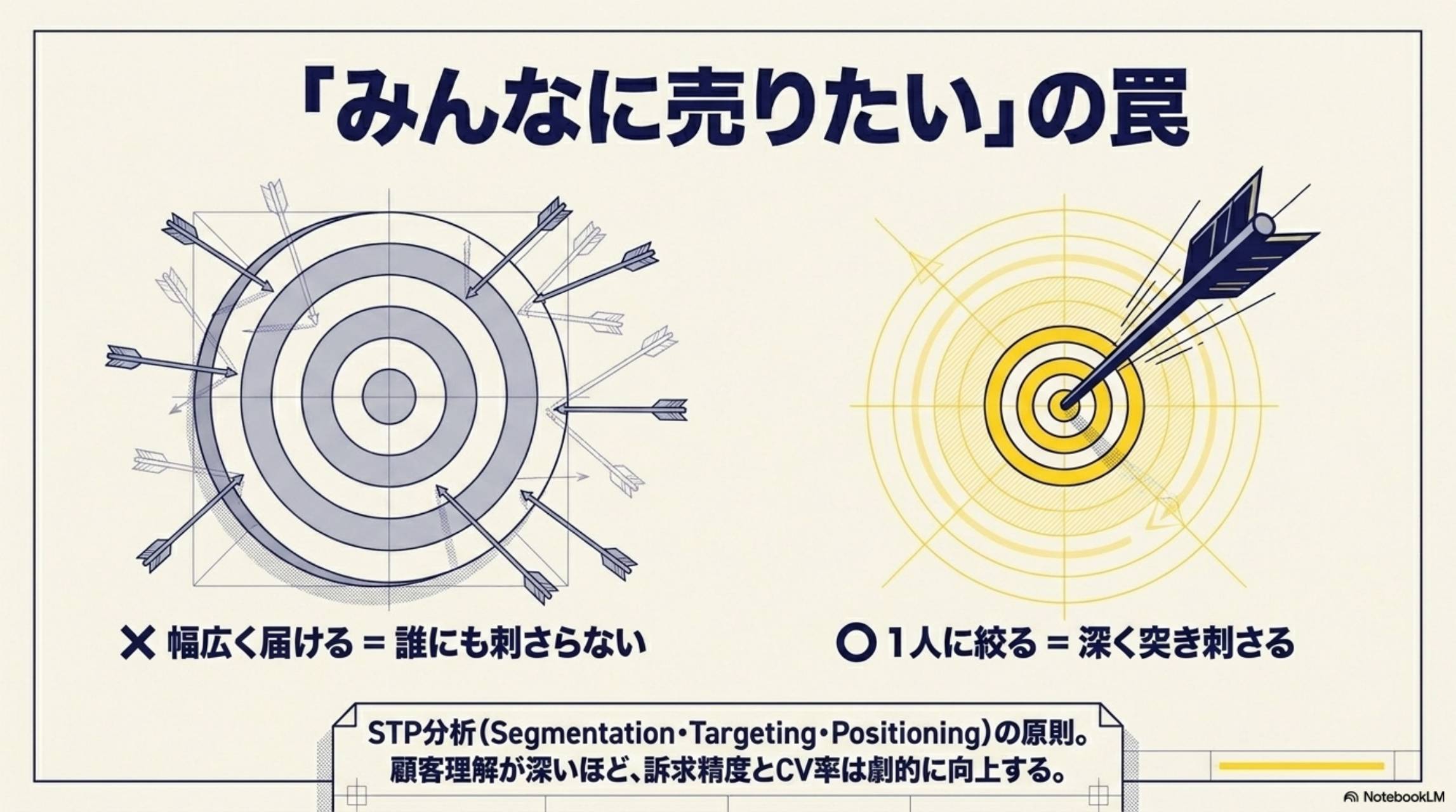 みんなに売りたいの罠 幅広く届ける=誰にも刺さらない 1人に絞る=深く突き刺さる STP分析