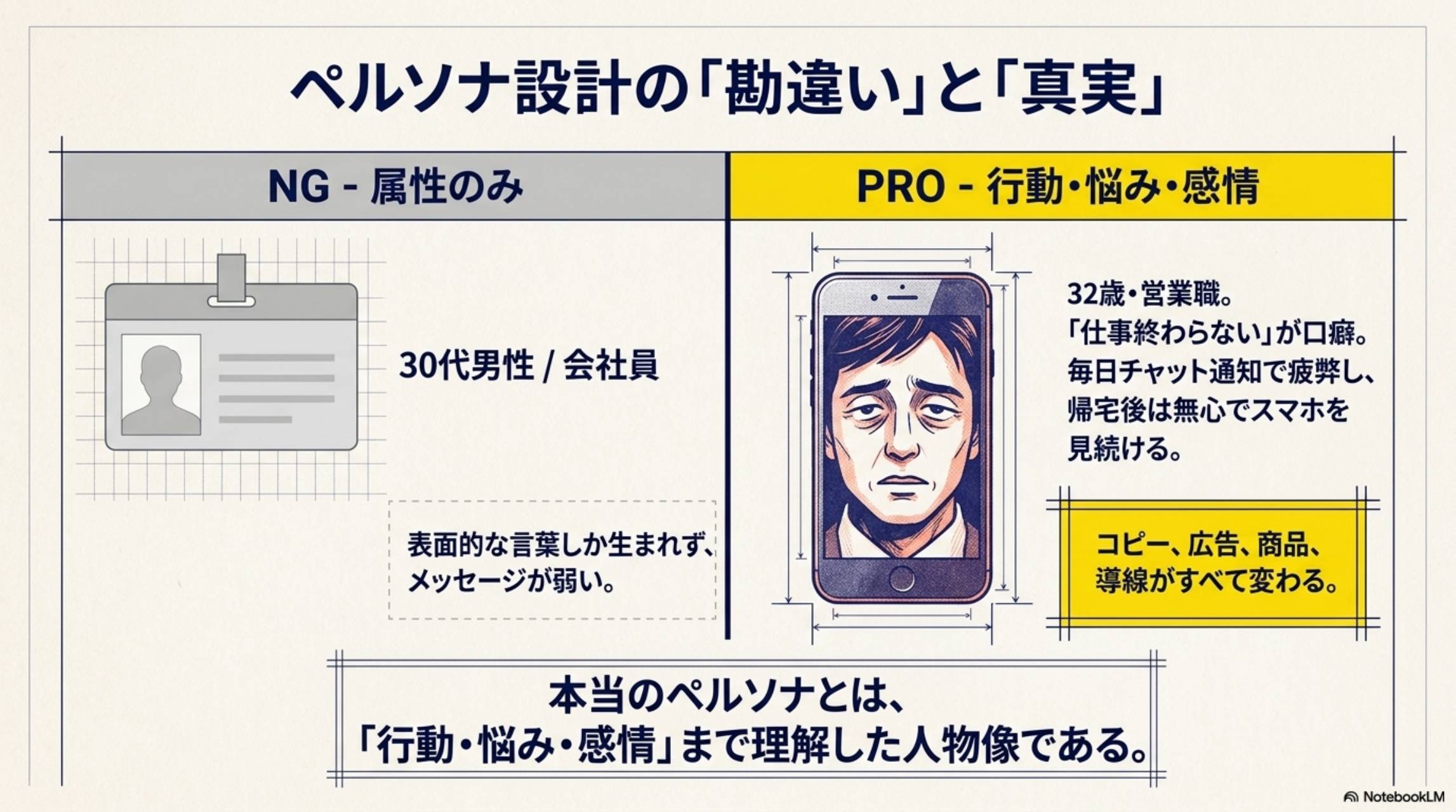ペルソナ設計の勘違いと真実 NG属性のみ vs PRO行動・悩み・感情まで理解した人物像