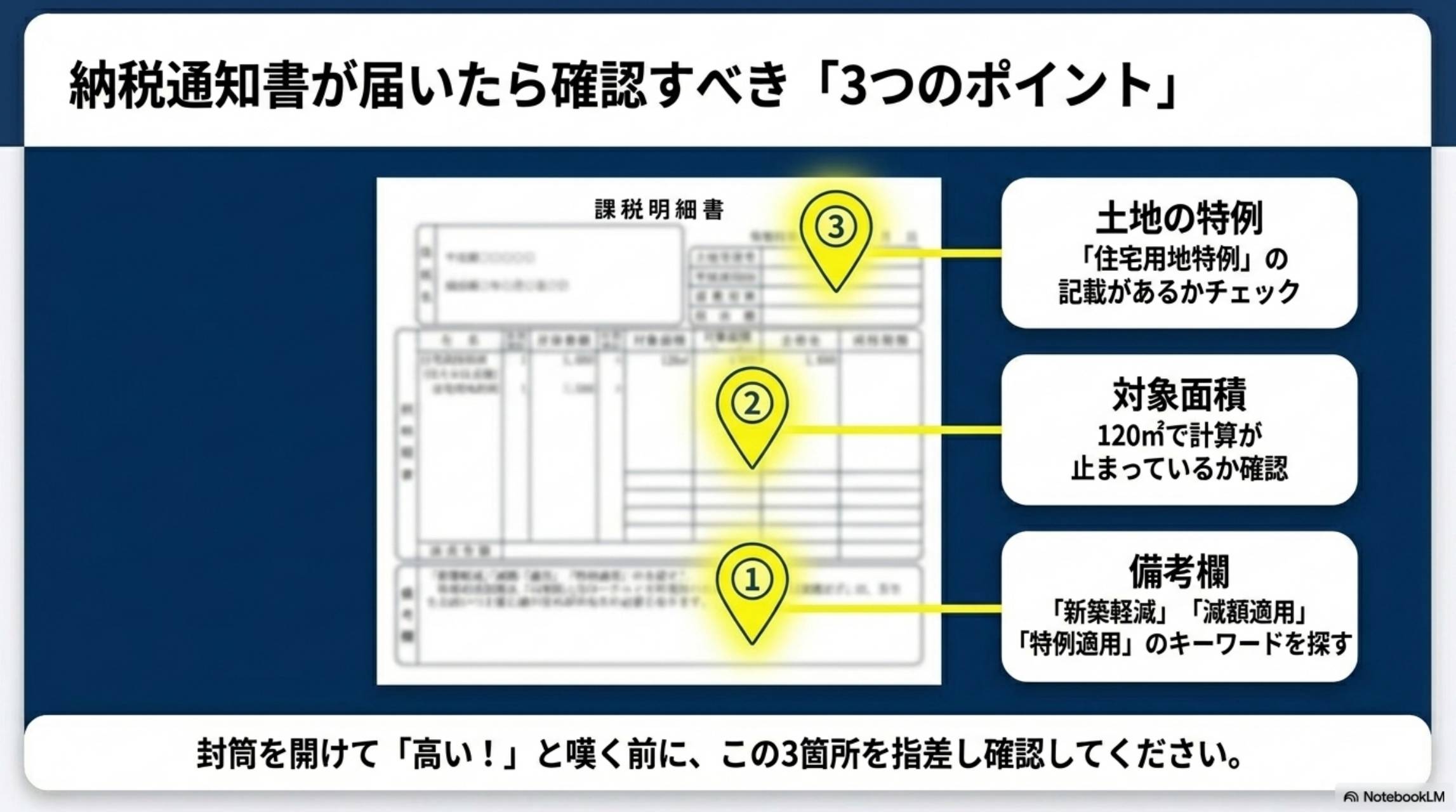 納税通知書が届いたら確認すべき3つのポイント 備考欄・対象面積・土地の特例