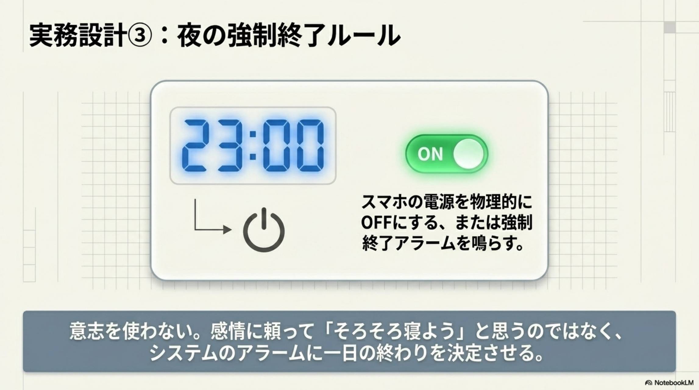 実務設計③：夜の強制終了ルール。23:00にスマホの電源を物理的にOFFにするまたは強制終了アラームを鳴らす。意志を使わない。感情に頼ってそろそろ寝ようと思うのではなく、システムのアラームに一日の終わりを決定させる