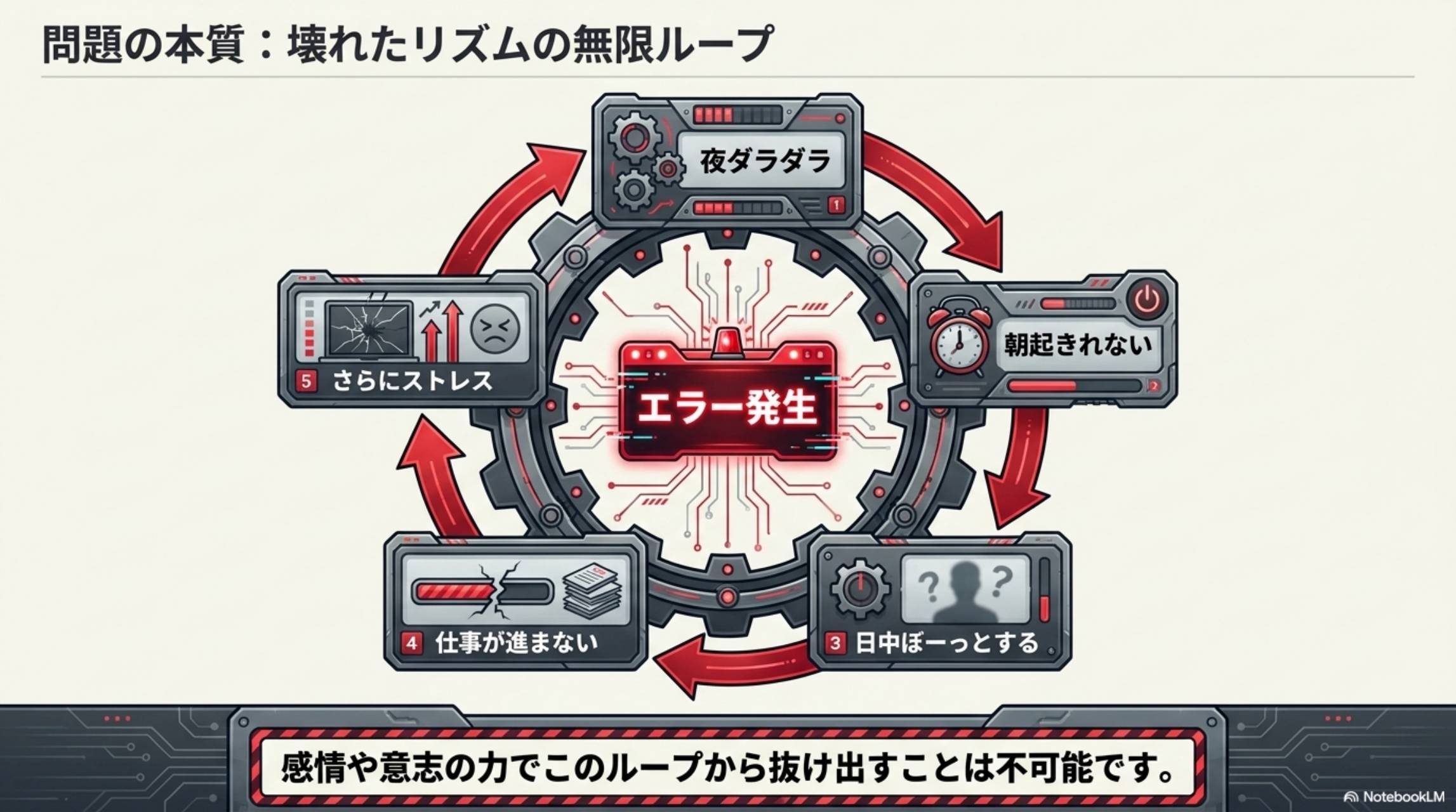 問題の本質：壊れたリズムの無限ループ。夜ダラダラ→朝起きれない→日中ぼーっとする→仕事が進まない→さらにストレス→さらに夜ダラダラ。感情や意志の力でこのループから抜け出すことは不可能です