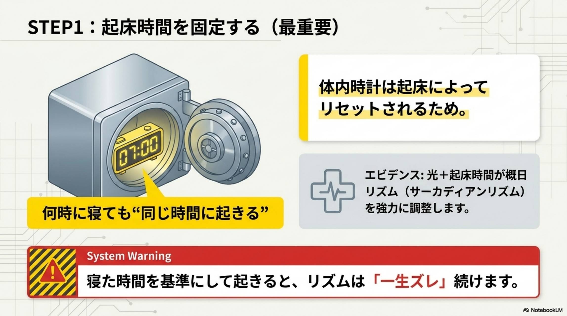 STEP1：起床時間を固定する（最重要）。体内時計は起床によってリセットされる。エビデンス：光＋起床時間が概日リズム（サーカディアンリズム）を強力に調整する。何時に寝ても同じ時間に起きる。寝た時間を基準にして起きると、リズムは一生ズレ続けます