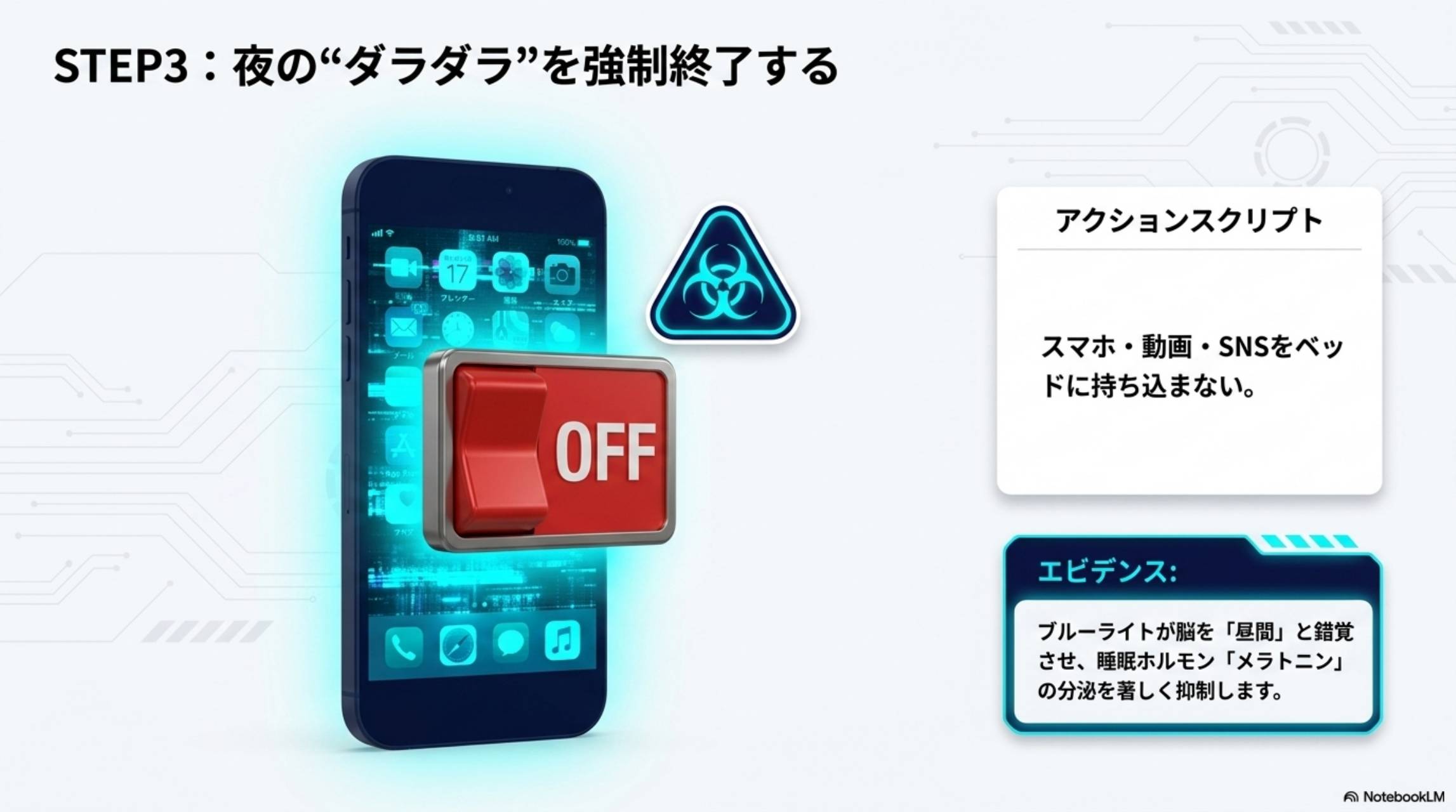 STEP3：夜のダラダラを強制終了する。アクションスクリプト：スマホ・動画・SNSをベッドに持ち込まない。エビデンス：ブルーライトが脳を昼間と錯覚させ、睡眠ホルモンメラトニンの分泌を著しく抑制します