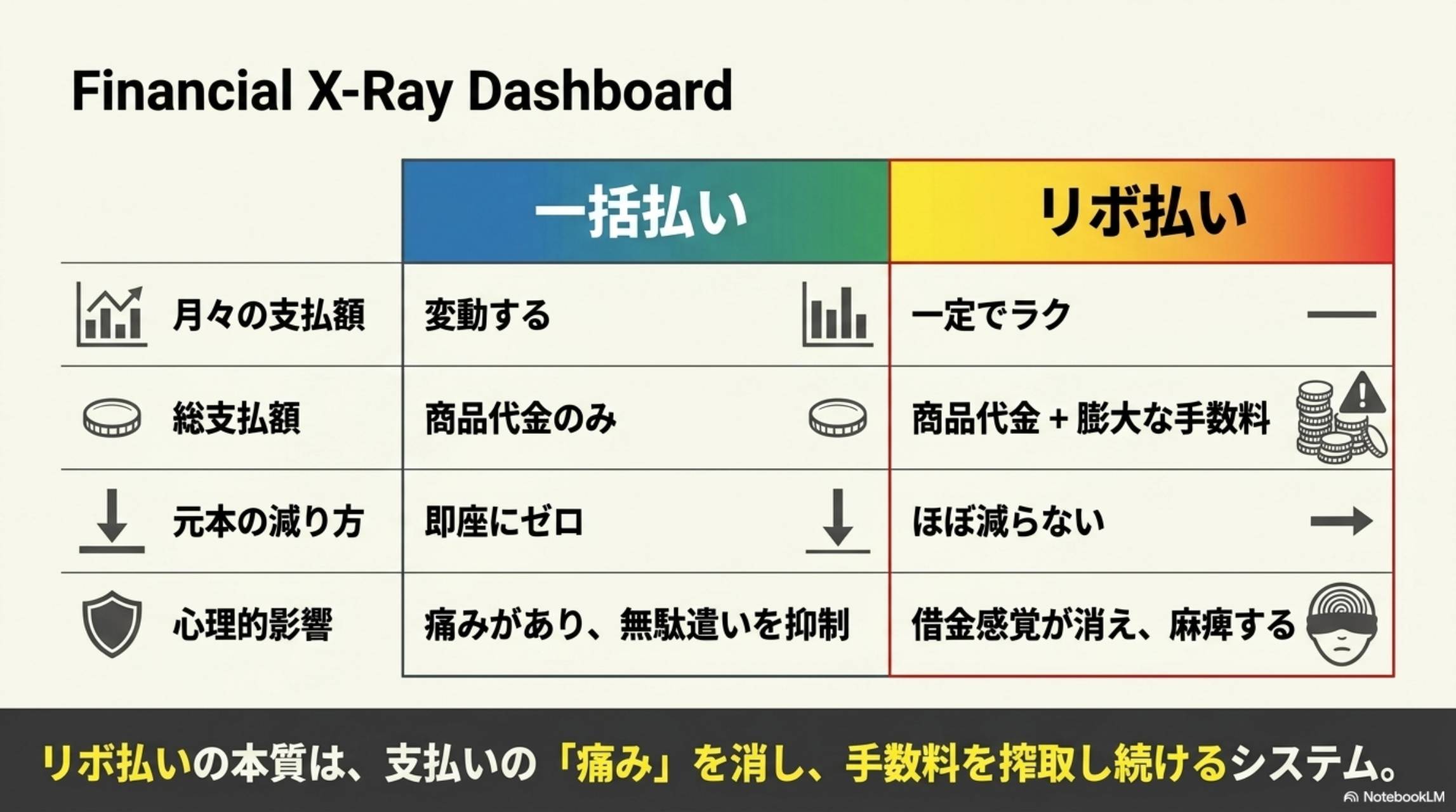 Financial X-Ray Dashboard：一括払い vs リボ払い。月々の支払額：変動する vs 一定でラク。総支払額：商品代金のみ vs 商品代金＋膨大な手数料。元本の減り方：即座にゼロ vs ほぼ減らない。心理的影響：痛みがあり無駄遣いを抑制 vs 借金感覚が消え麻痺する。リボ払いの本質は支払いの痛みを消し手数料を搾取し続けるシステム