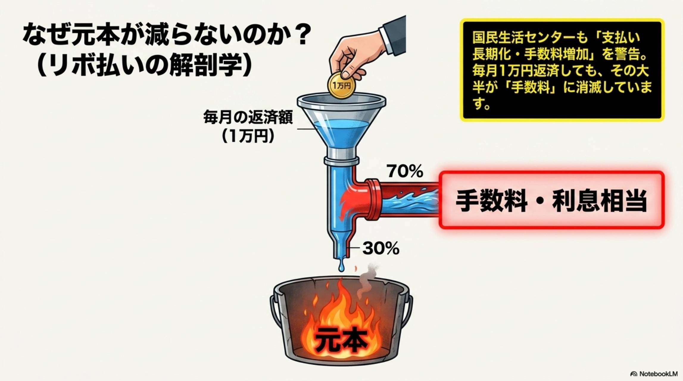 なぜ元本が減らないのか？（リボ払いの解剖学）毎月の返済額1万円→70%が手数料・利息相当→残り30%だけが元本に充当。国民生活センターも支払い長期化・手数料増加を警告。毎月1万円返済しても大半が手数料に消滅しています