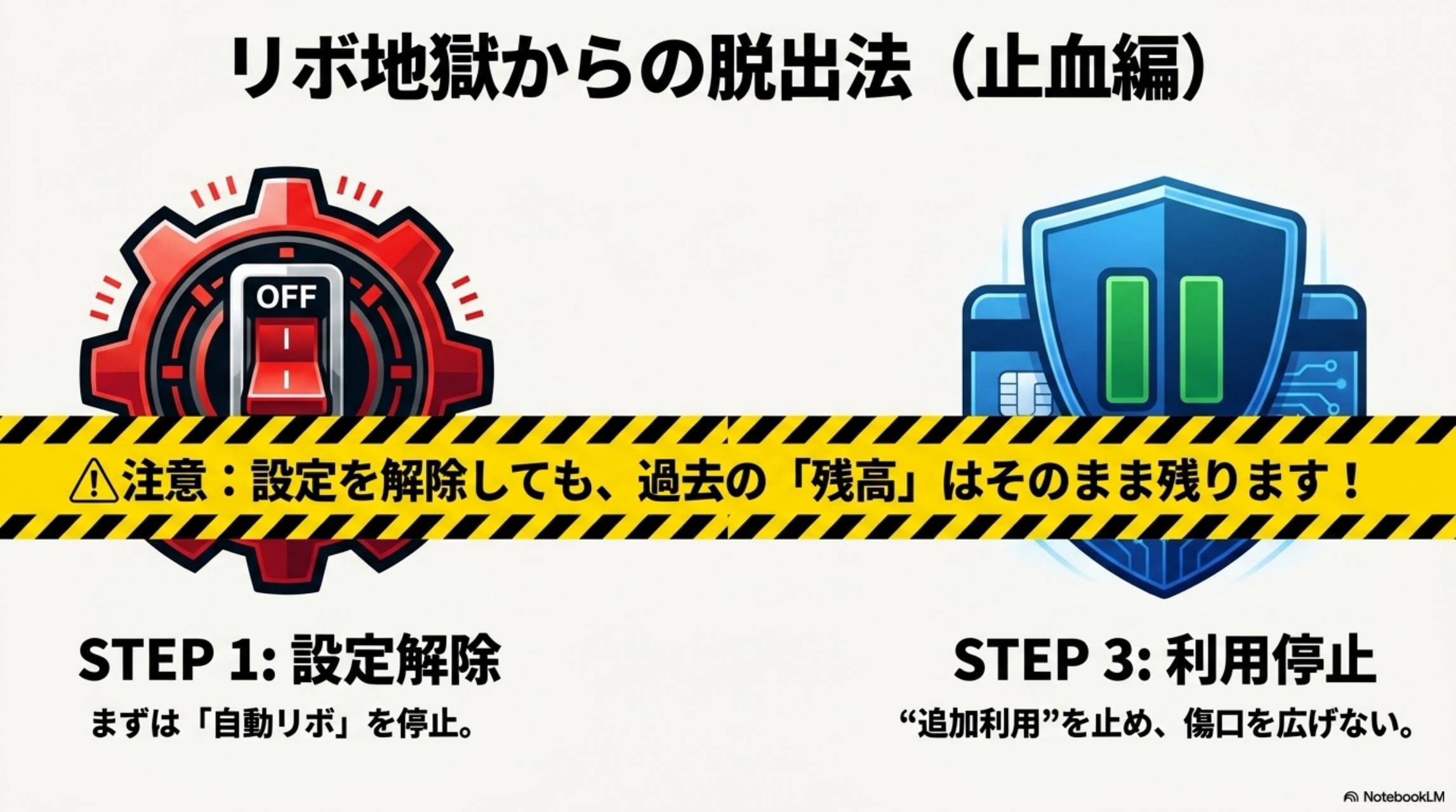 リボ地獄からの脱出法（止血編）。STEP1 設定解除：まず自動リボを停止。注意：設定を解除しても過去の残高はそのまま残ります！STEP3 利用停止：追加利用を止め傷口を広げない