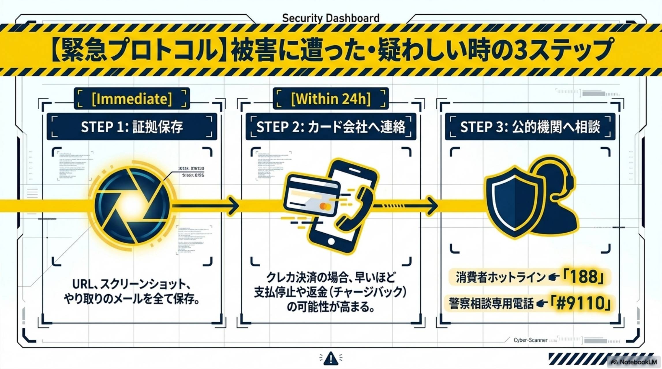 緊急プロトコル 被害に遭った時の3ステップ 証拠保存→カード会社→公的機関