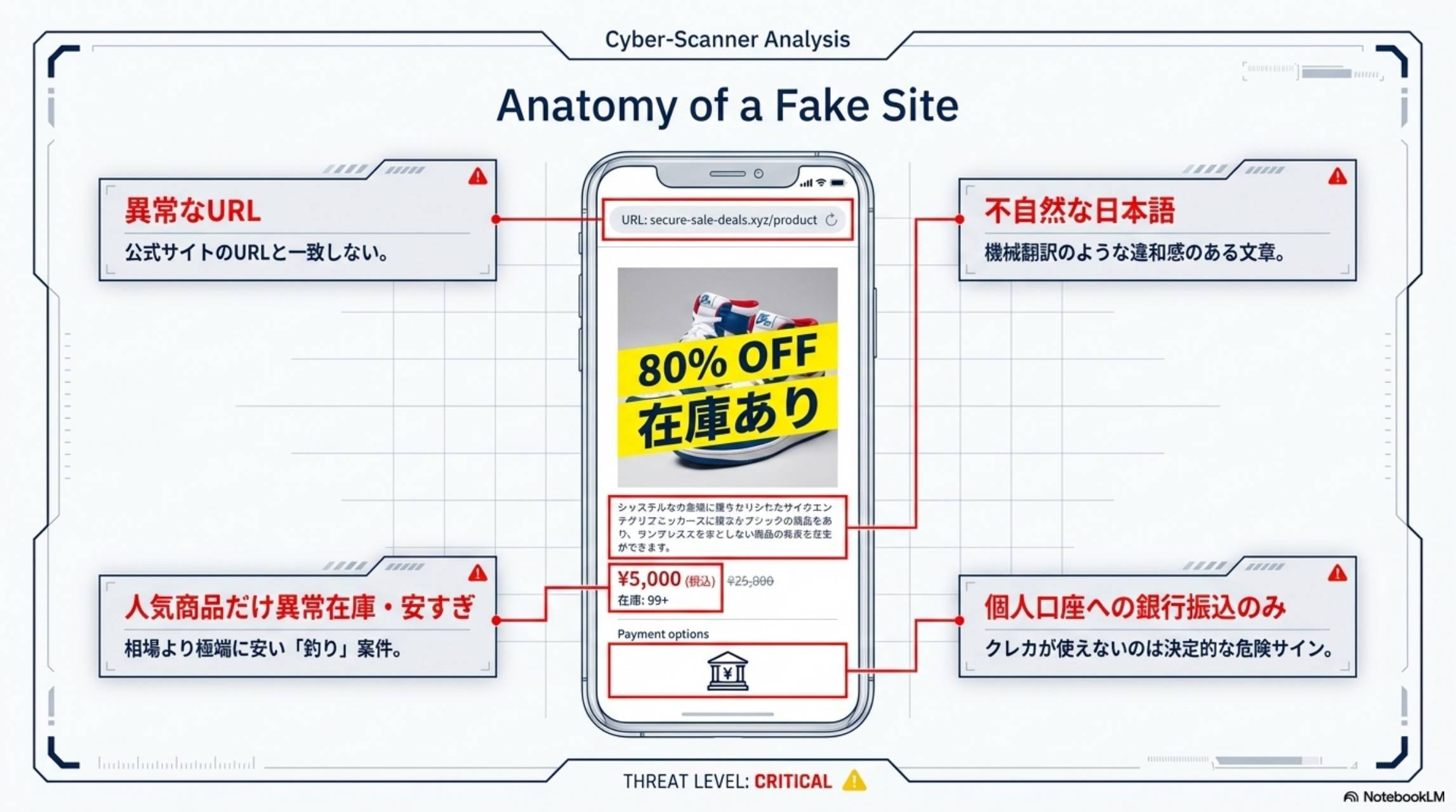 偽サイトの解剖 異常なURL・不自然な日本語・人気商品だけ異常在庫・個人口座への振込のみ