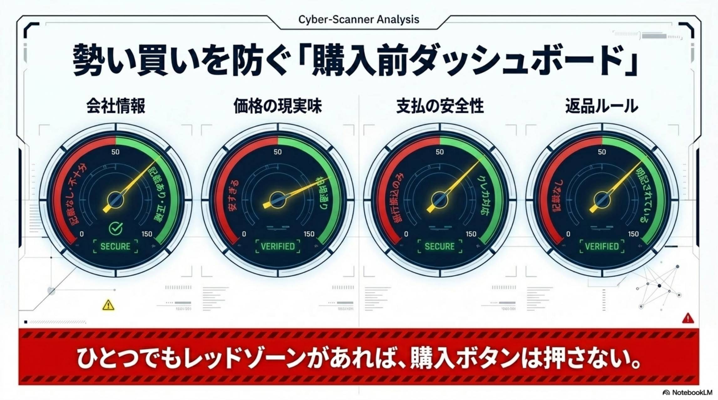 購入前ダッシュボード 会社情報・価格の現実味・支払の安全性・返品ルール