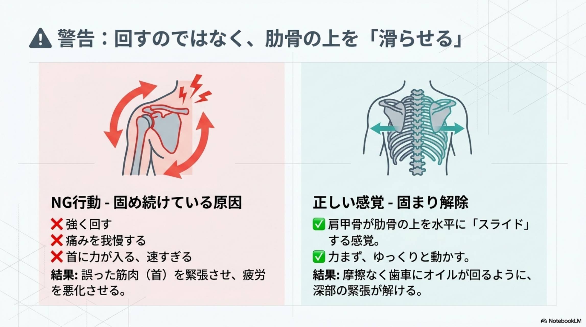 警告：回すのではなく肋骨の上を滑らせる
