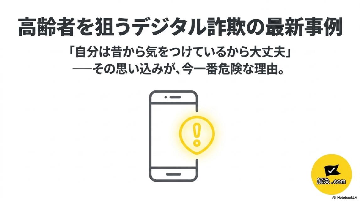 高齢者を狙うデジタル詐欺の最新事例。「自分は昔から気をつけているから大丈夫」——その思い込みが、今一番危険な理由。解決ドットコムが提供する。
