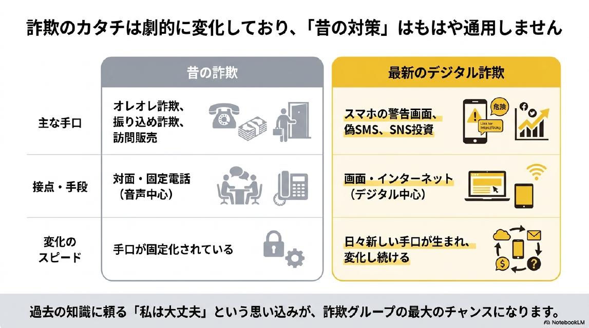 詐欺のカタチは劇的に変化しており、「昔の対策」はもはや通用しません。昔の詐欺：オレオレ詐欺・振り込め詐欺・訪問販売（対面・固定電話・音声中心・手口固定）。最新のデジタル詐欺：スマホの警告画面・偽SMS・SNS投資（画面・インターネット・デジタル中心・日々新しい手口が変化し続ける）。過去の知識に頼る「私は大丈夫」という思い込みが、詐欺グループの最大のチャンスになります。