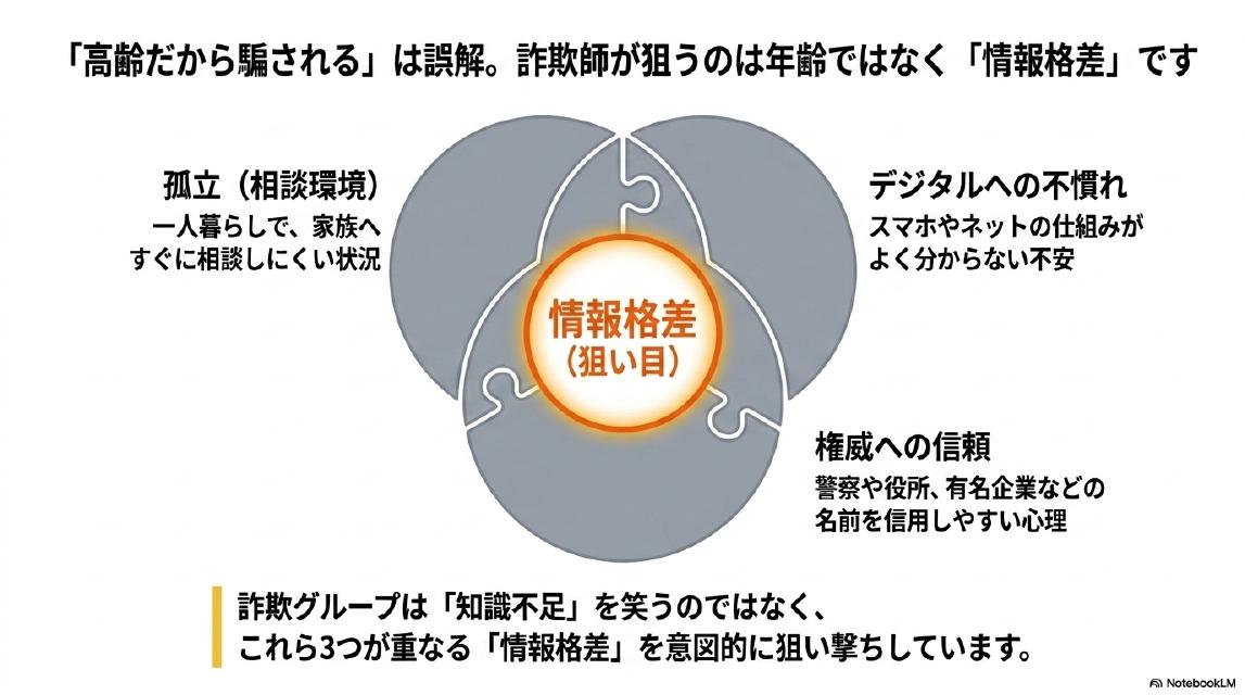 「高齢だから騙される」は誤解。詐欺師が狙うのは年齢ではなく「情報格差」です。3つの要因（孤立＝相談環境・デジタルへの不慣れ・権威への信頼）が重なる「情報格差」を意図的に狙い撃ちしています。詐欺グループは「知識不足」を笑うのではなく、これら3つが重なる「情報格差」を意図的に狙い撃ちしています。