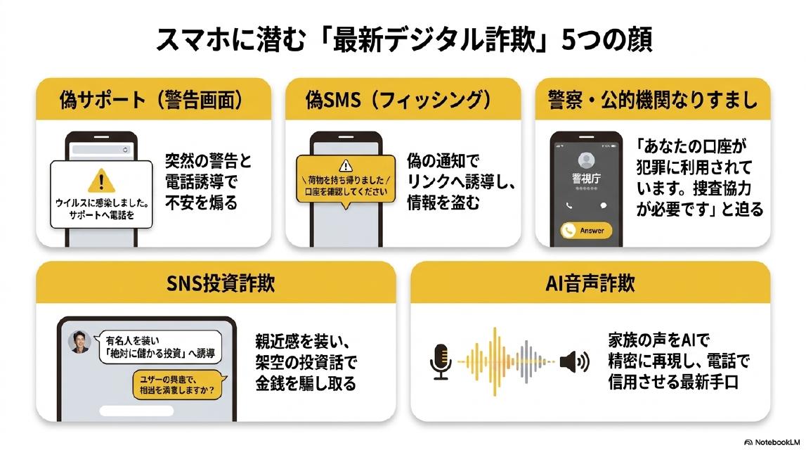 スマホに潜む「最新デジタル詐欺」5つの顔。①偽サポート（警告画面）：突然の警告と電話誘導で不安を煽る。②偽SMS（フィッシング）：偽の通知でリンクへ誘導し情報を盗む。③警察・公的機関なりすまし：「あなたの口座が犯罪に利用されています。捜査協力が必要です」と迫る。④SNS投資詐欺：有名人を装い「絶対に儲かる投資」へ誘導し架空の投資話で金銭を騙し取る。⑤AI音声詐欺：家族の声をAIで精密に再現し電話で信用させる最新手口。