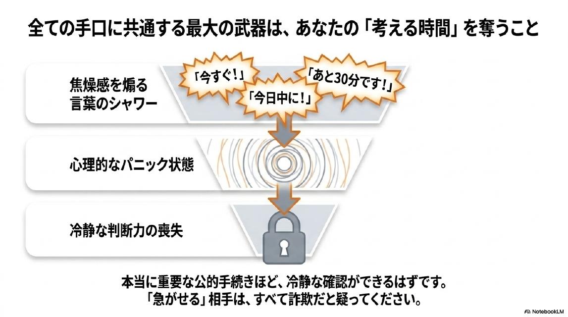 全ての手口に共通する最大の武器は、あなたの「考える時間」を奪うこと。焦燥感を煽る言葉のシャワー（「今すぐ！」「今日中に！」「あと30分です！」）→心理的なパニック状態→冷静な判断力の喪失。本当に重要な公的手続きほど、冷静な確認ができるはずです。「急がせる」相手は、すべて詐欺だと疑ってください。