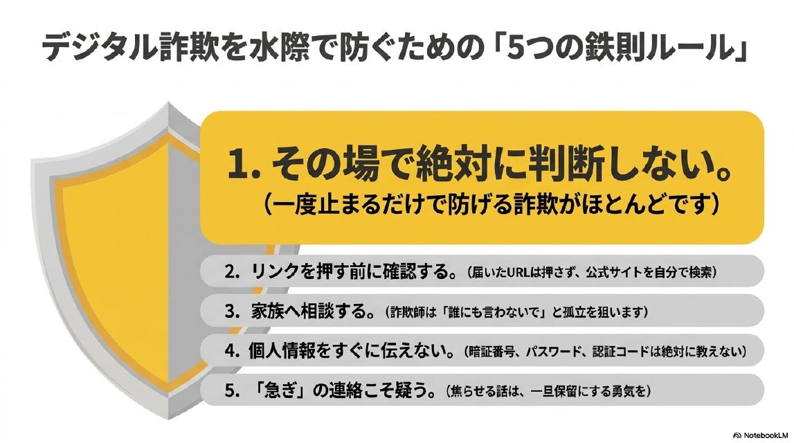 デジタル詐欺を水際で防ぐための「5つの鉄則ルール」。1.その場で絶対に判断しない（一度止まるだけで防げる詐欺がほとんどです）。2.リンクを押す前に確認する（届いたURLは押さず公式サイトを自分で検索）。3.家族へ相談する（詐欺師は「誰にも言わないで」と孤立を狙います）。4.個人情報をすぐに伝えない（暗証番号・パスワード・認証コードは絶対に教えない）。5.「急ぎ」の連絡こそ疑う（焦らせる話は一旦保留にする勇気を）。