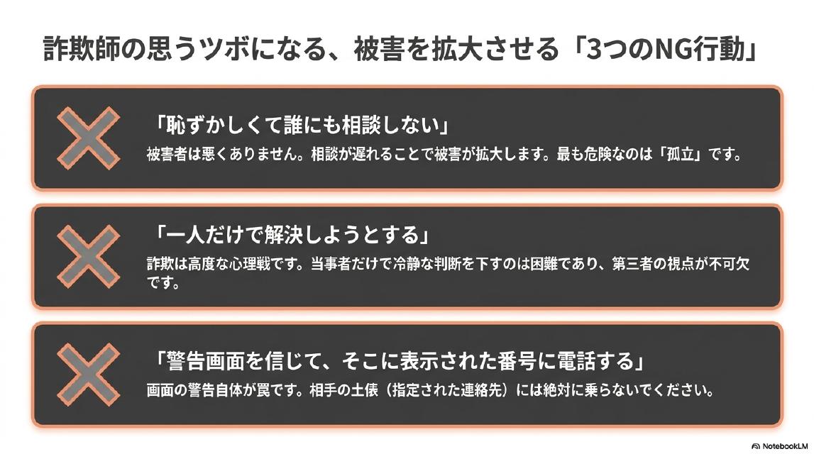 詐欺師の思うツボになる、被害を拡大させる「3つのNG行動」。×「恥ずかしくて誰にも相談しない」：被害者は悪くありません。相談が遅れることで被害が拡大します。最も危険なのは「孤立」です。×「一人だけで解決しようとする」：詐欺は高度な心理戦です。当事者だけで冷静な判断を下すのは困難であり、第三者の視点が不可欠です。×「警告画面を信じて、そこに表示された番号に電話する」：画面の警告自体が罠です。相手の土俵（指定された連絡先）には絶対に乗らないでください。