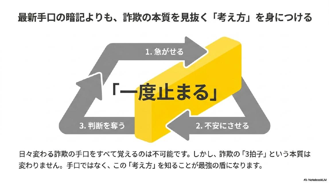 最新手口の暗記よりも、詐欺の本質を見抜く「考え方」を身につける。詐欺の「3拍子」：①急がせる→②不安にさせる→③判断を奪う。この循環を断ち切る鍵は「一度止まる」こと。日々変わる詐欺の手口をすべて覚えるのは不可能です。しかし、詐欺の「3拍子」という本質は変わりません。手口ではなく、この「考え方」を知ることが最強の盾になります。