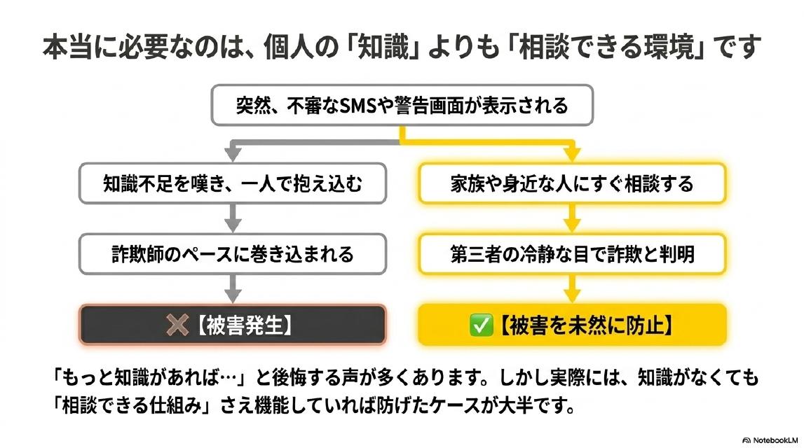 本当に必要なのは、個人の「知識」よりも「相談できる環境」です。突然不審なSMSや警告画面が表示される→知識不足を嘆き一人で抱え込む→詐欺師のペースに巻き込まれる→【被害発生】。対して：家族や身近な人にすぐ相談する→第三者の冷静な目で詐欺と判明→【被害を未然に防止】。「もっと知識があれば…」と後悔する声が多くあります。しかし実際には、知識がなくても「相談できる仕組み」さえ機能していれば防げたケースが大半です。