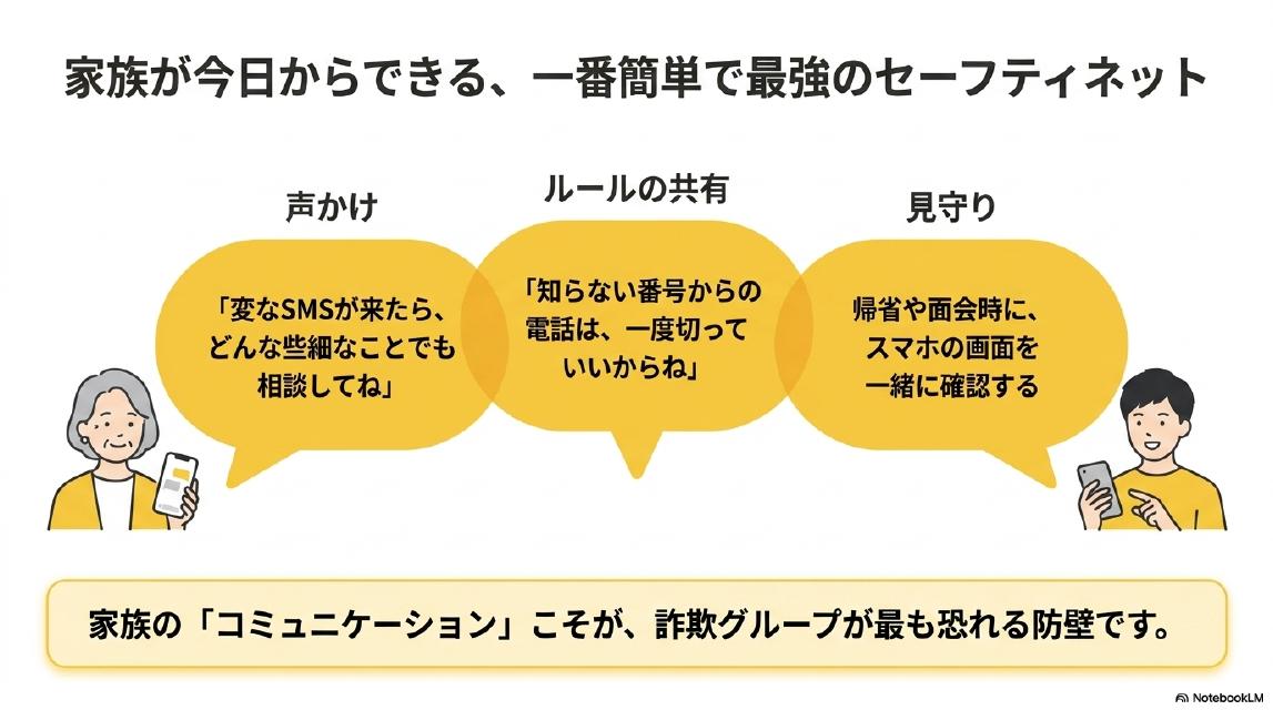 家族が今日からできる、一番簡単で最強のセーフティネット。声かけ：「変なSMSが来たら、どんな些細なことでも相談してね」。ルールの共有：「知らない番号からの電話は、一度切っていいからね」。見守り：帰省や面会時に、スマホの画面を一緒に確認する。家族の「コミュニケーション」こそが、詐欺グループが最も恐れる防壁です。