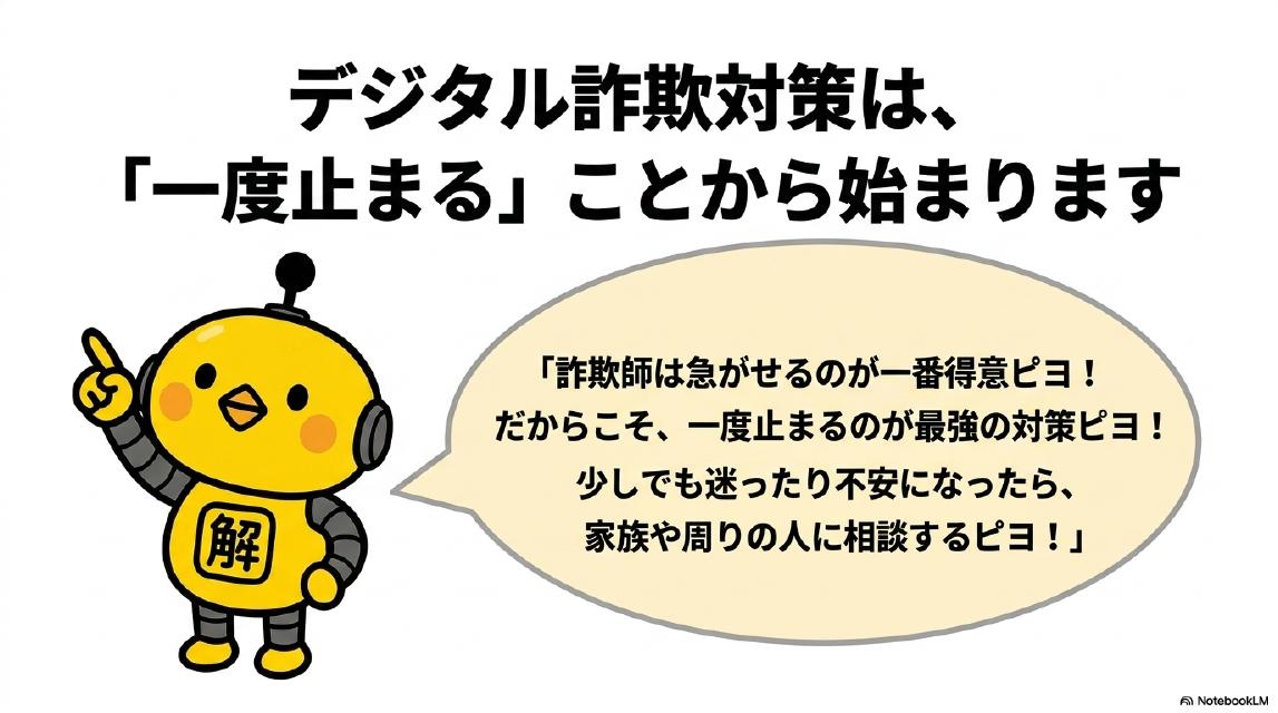 デジタル詐欺対策は、「一度止まる」ことから始まります。カイピヨくん：「詐欺師は急がせるのが一番得意ピヨ！だからこそ、一度止まるのが最強の対策ピヨ！少しでも迷ったり不安になったら、家族や周りの人に相談するピヨ！」