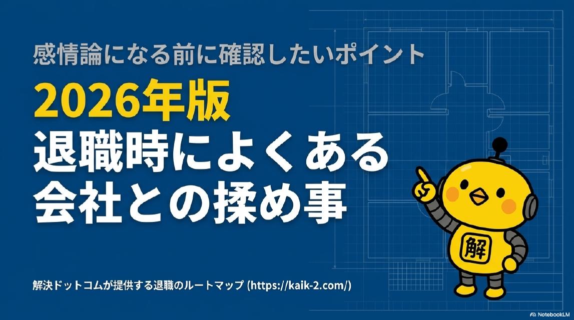 感情論になる前に確認したいポイント。2026年版 退職時によくある会社との揉め事。解決ドットコムが提供する退職のルートマップ。カイピヨくん。