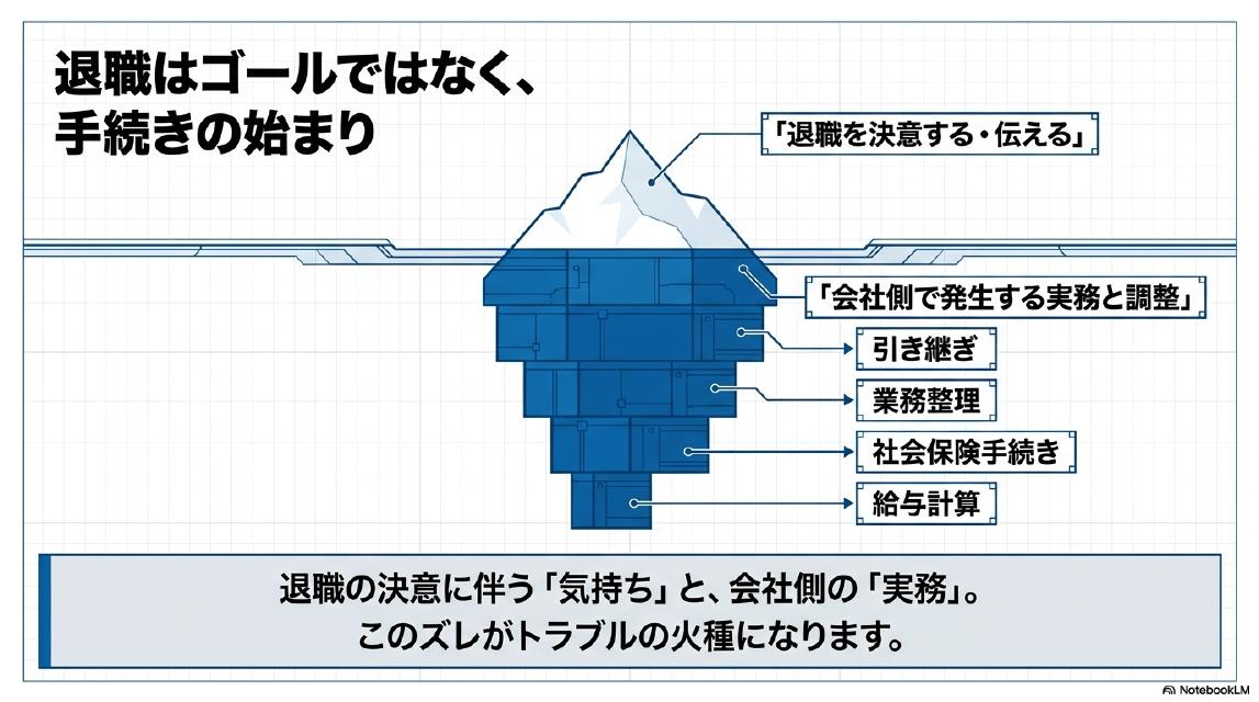 退職はゴールではなく手続きの始まり。水面上：退職を決意する・伝える。水面下（会社側で発生する実務と調整）：引き継ぎ・業務整理・社会保険手続き・給与計算。退職の決意に伴う「気持ち」と会社側の「実務」のズレがトラブルの火種になります。