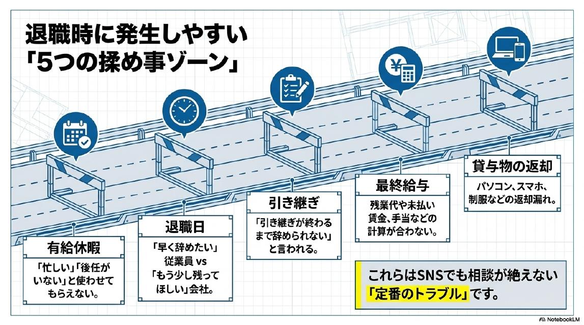退職時に発生しやすい5つの揉め事ゾーン。①有給休暇（「忙しい」「後任がいない」と使わせてもらえない）②退職日（「早く辞めたい」従業員vs「もう少し残ってほしい」会社）③引き継ぎ（「引き継ぎが終わるまで辞められない」と言われる）④最終給与（残業代や未払い賃金・手当などの計算が合わない）⑤貸与物の返却（パソコン・スマホ・制服などの返却漏れ）。これらはSNSでも相談が絶えない定番のトラブルです。