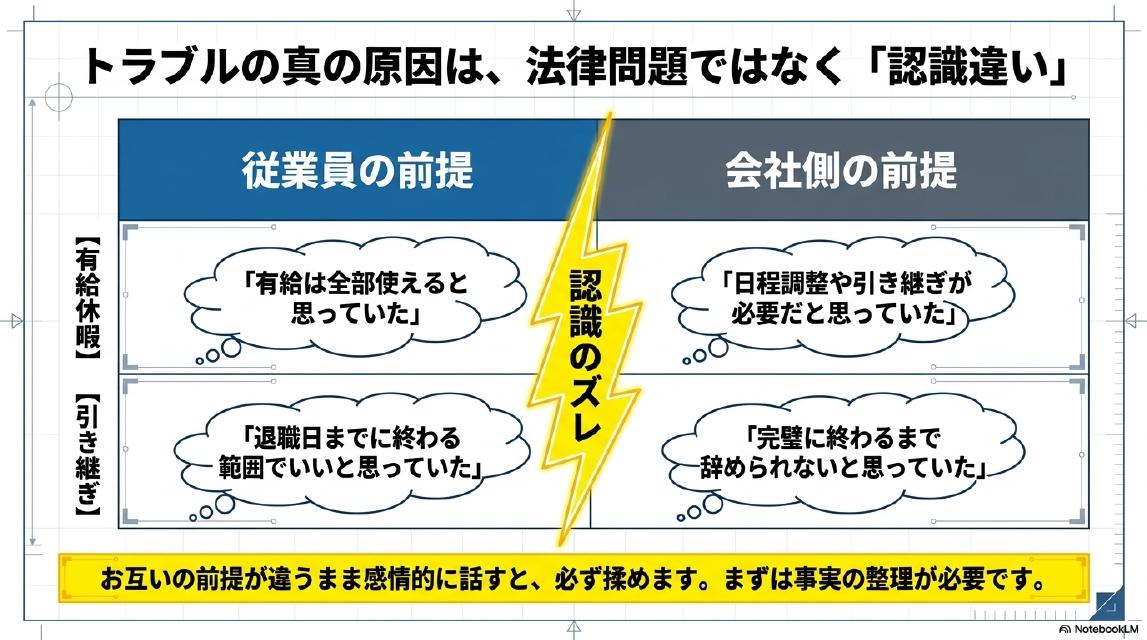 トラブルの真の原因は法律問題ではなく「認識違い」。【有給休暇】従業員の前提：有給は全部使えると思っていた。会社側の前提：日程調整や引き継ぎが必要だと思っていた。【引き継ぎ】従業員の前提：退職日までに終わる範囲でいいと思っていた。会社側の前提：完璧に終わるまで辞められないと思っていた。お互いの前提が違うまま感情的に話すと必ず揉めます。まずは事実の整理が必要です。