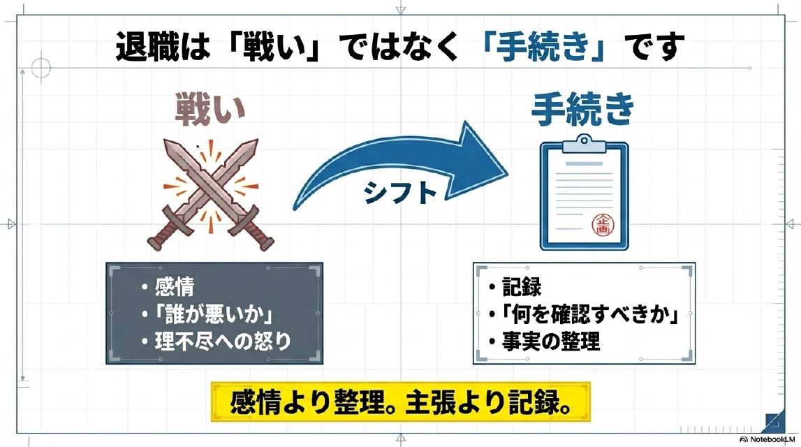 退職は「戦い」ではなく「手続き」です。戦い（感情・誰が悪いか・理不尽への怒り）→シフト→手続き（記録・何を確認すべきか・事実の整理）。感情より整理。主張より記録。