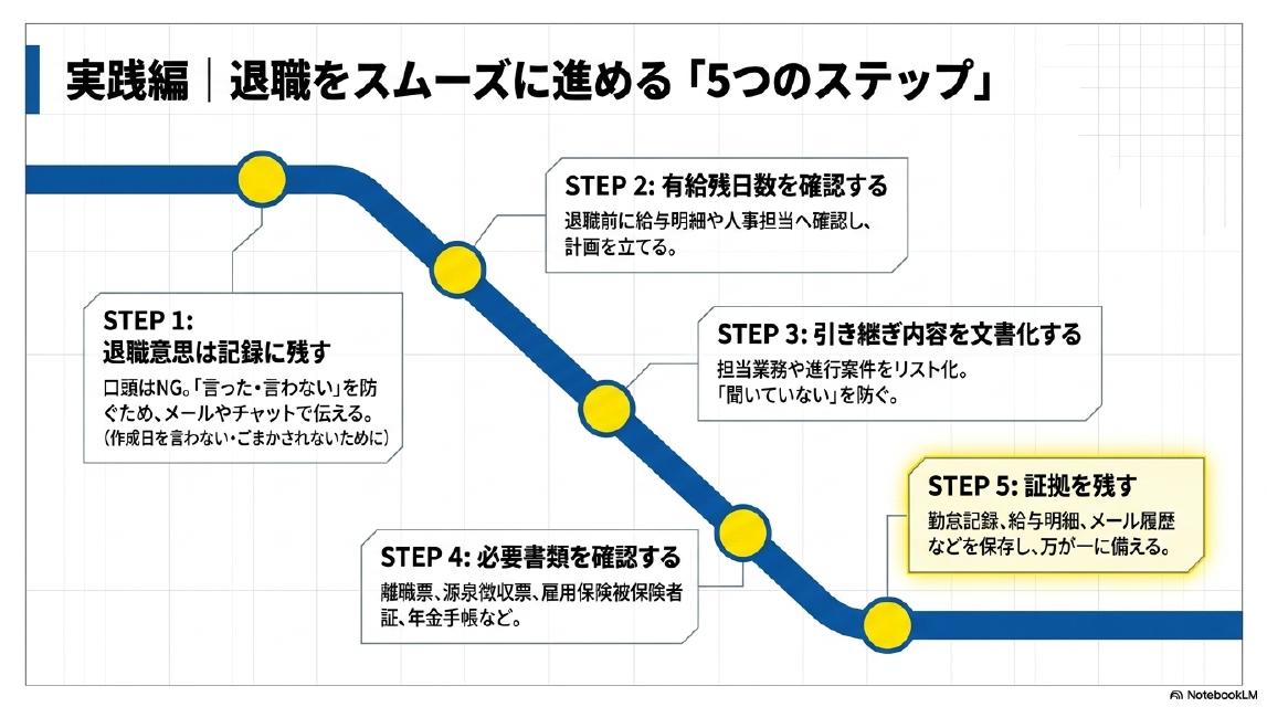 実践編｜退職をスムーズに進める5つのステップ。STEP1：退職意思は記録に残す（口頭はNG。言った言わないを防ぐため、メールやチャットで伝える）。STEP2：有給残日数を確認する（退職前に給与明細や人事担当へ確認し計画を立てる）。STEP3：引き継ぎ内容を文書化する（担当業務や進行案件をリスト化。聞いていないを防ぐ）。STEP4：必要書類を確認する（離職票・源泉徴収票・雇用保険被保険者証・年金手帳など）。STEP5：証拠を残す（勤怠記録・給与明細・メール履歴などを保存し万が一に備える）。