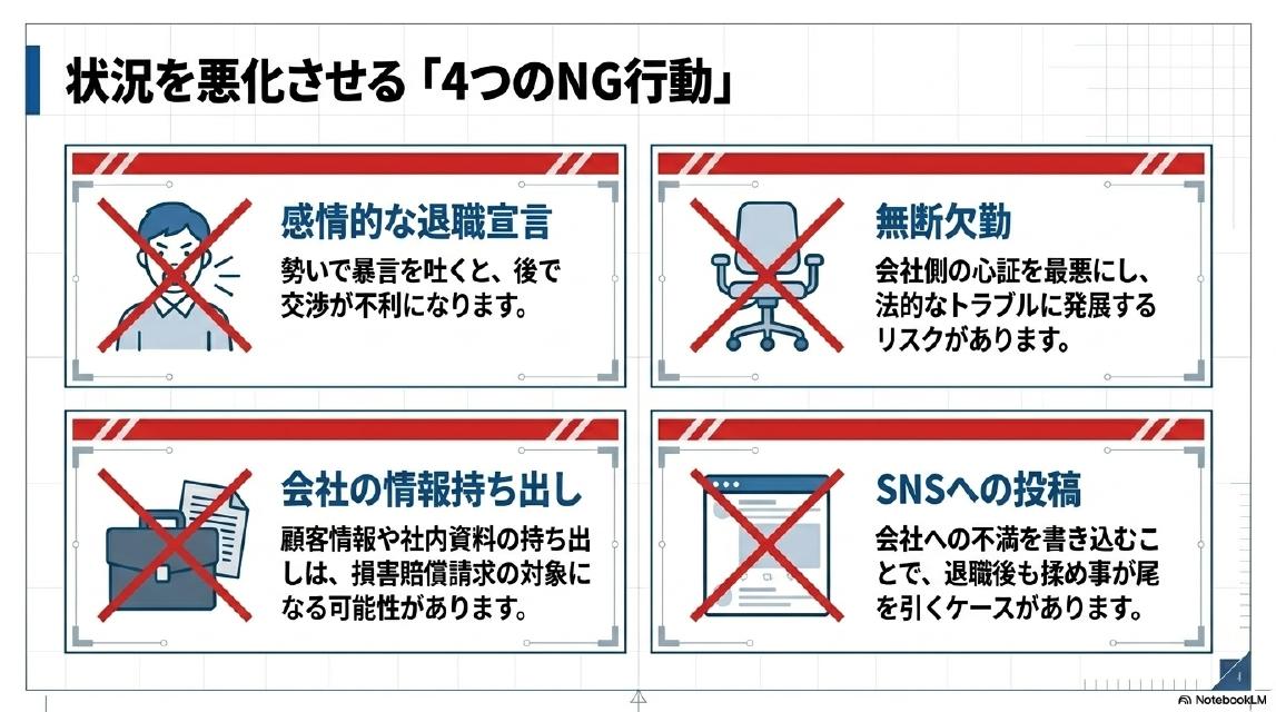 状況を悪化させる4つのNG行動。①感情的な退職宣言（勢いで暴言を吐くと後で交渉が不利になります）②無断欠勤（会社側の心証を最悪にし、法的なトラブルに発展するリスクがあります）③会社の情報持ち出し（顧客情報や社内資料の持ち出しは損害賠償請求の対象になる可能性があります）④SNSへの投稿（会社への不満を書き込むことで退職後も揉め事が尾を引くケースがあります）。