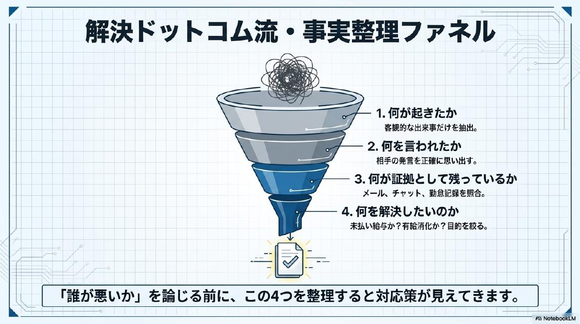 解決ドットコム流・事実整理ファネル。1.何が起きたか（客観的な出来事だけを抽出）→2.何を言われたか（相手の発言を正確に思い出す）→3.何が証拠として残っているか（メール・チャット・勤怠記録を照合）→4.何を解決したいのか（未払い給与か？有給消化か？目的を絞る）。「誰が悪いか」を論じる前に、この4つを整理すると対応策が見えてきます。