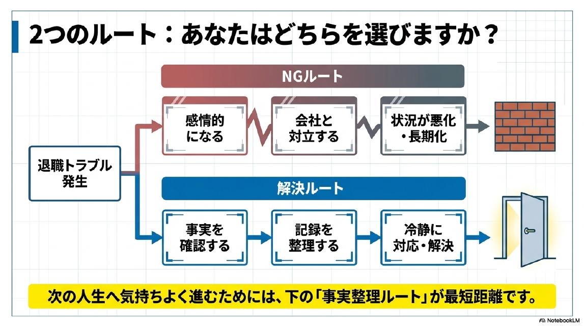2つのルート。NGルート：退職トラブル発生→感情的になる→会社と対立する→状況が悪化・長期化→壁にぶつかる。解決ルート：退職トラブル発生→事実を確認する→記録を整理する→冷静に対応・解決→出口が開く。次の人生へ気持ちよく進むためには、下の事実整理ルートが最短距離です。