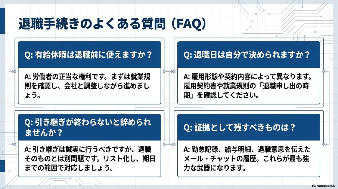 退職手続きのよくある質問。Q：有給休暇は退職前に使えますか？A：労働者の正当な権利です。まずは就業規則を確認し会社と調整しながら進めましょう。Q：退職日は自分で決められますか？A：雇用形態や契約内容によって異なります。雇用契約書や就業規則の退職申し出の時期を確認してください。Q：引き継ぎが終わらないと辞められませんか？A：引き継ぎは誠実に行うべきですが退職そのものとは別問題です。リスト化し期日までの範囲で対応しましょう。Q：証拠として残すべきものは？A：勤怠記録・給与明細・退職意思を伝えたメール・チャットの履歴。これらが最も強力な武器になります。