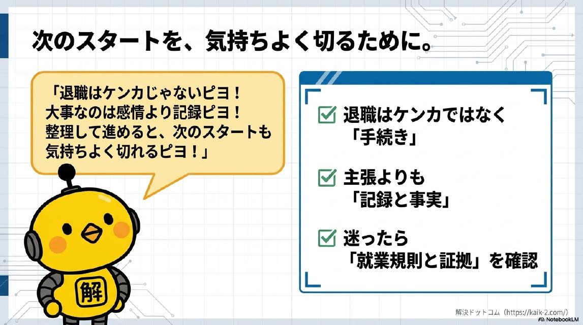 次のスタートを、気持ちよく切るために。カイピヨくん：「退職はケンカじゃないピヨ！大事なのは感情より記録ピヨ！整理して進めると、次のスタートも気持ちよく切れるピヨ！」。まとめ：退職はケンカではなく「手続き」・主張よりも「記録と事実」・迷ったら「就業規則と証拠」を確認。