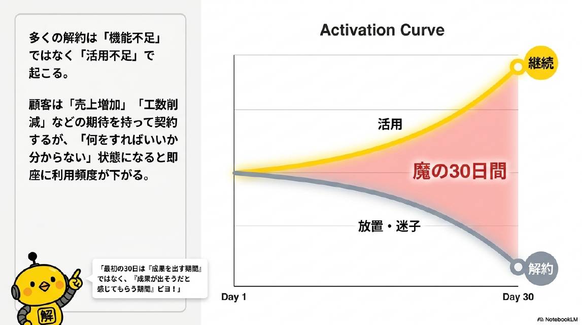多くの解約は「機能不足」ではなく「活用不足」で起こる。Activation Curve：Day1からDay30にかけて、活用ルートは継続へ向かうが、放置・迷子ルートは解約へ向かう。この差が生まれる区間が「魔の30日間」。最初の30日は「成果を出す期間」ではなく、「成果が出そうだと感じてもらう期間」ピヨ！