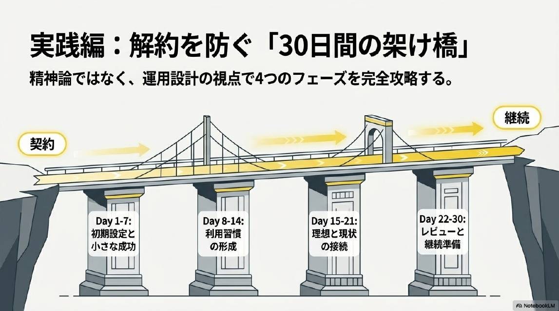 実践編：解約を防ぐ「30日間の架け橋」。精神論ではなく運用設計の視点で4つのフェーズを完全攻略する。橋の4本の柱：Day1-7（初期設定と小さな成功）・Day8-14（利用習慣の形成）・Day15-21（理想と現状の接続）・Day22-30（レビューと継続準備）。契約から継続への橋を渡る。