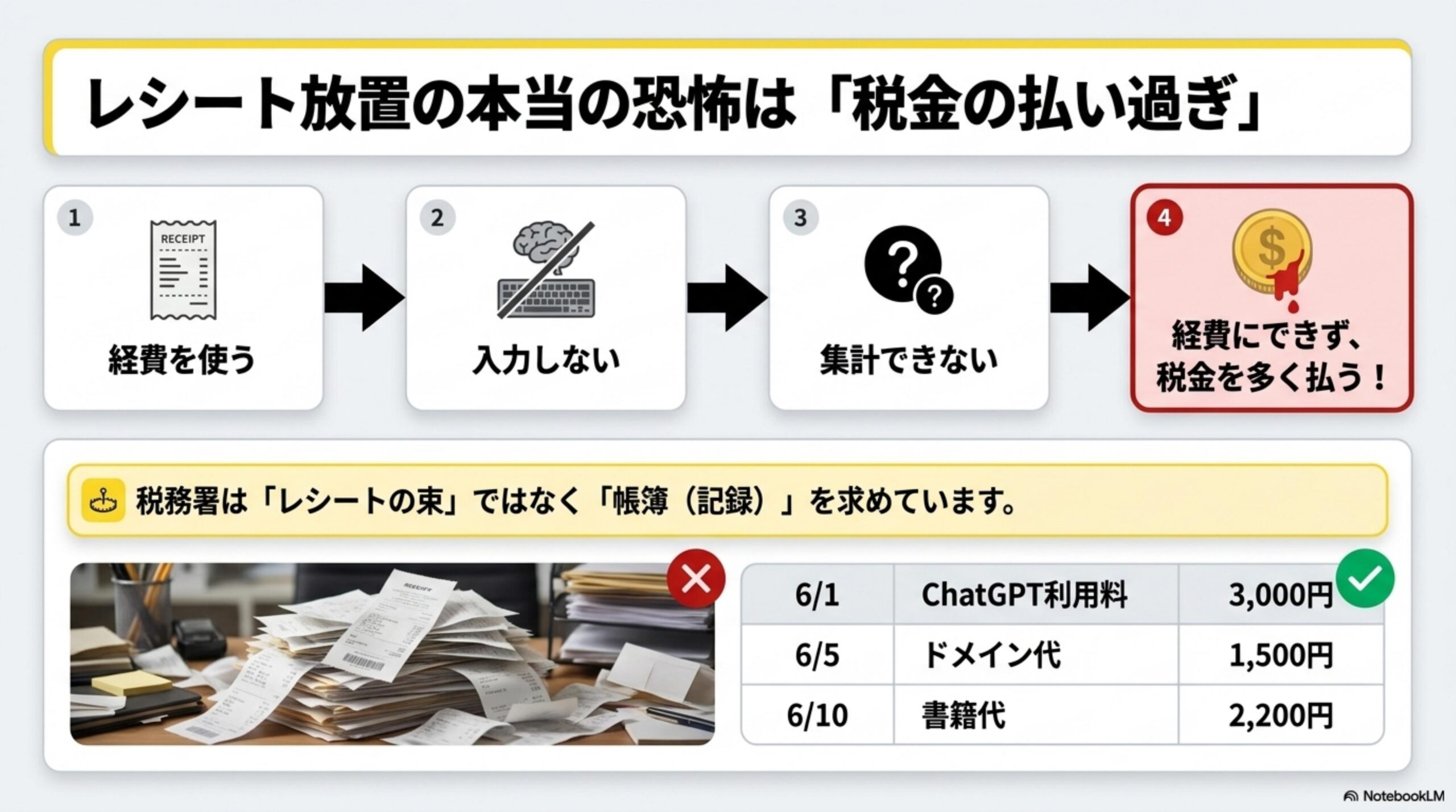 レシート放置の本当の恐怖は「税金の払い過ぎ」。経費を使う→入力しない→集計できない→経費にできず、税金を多く払う！税務署は「レシートの束」ではなく「帳簿（記録）」を求めています。帳簿の例：6/1 ChatGPT利用料 3,000円・6/5 ドメイン代 1,500円・6/10 書籍代 2,200円。