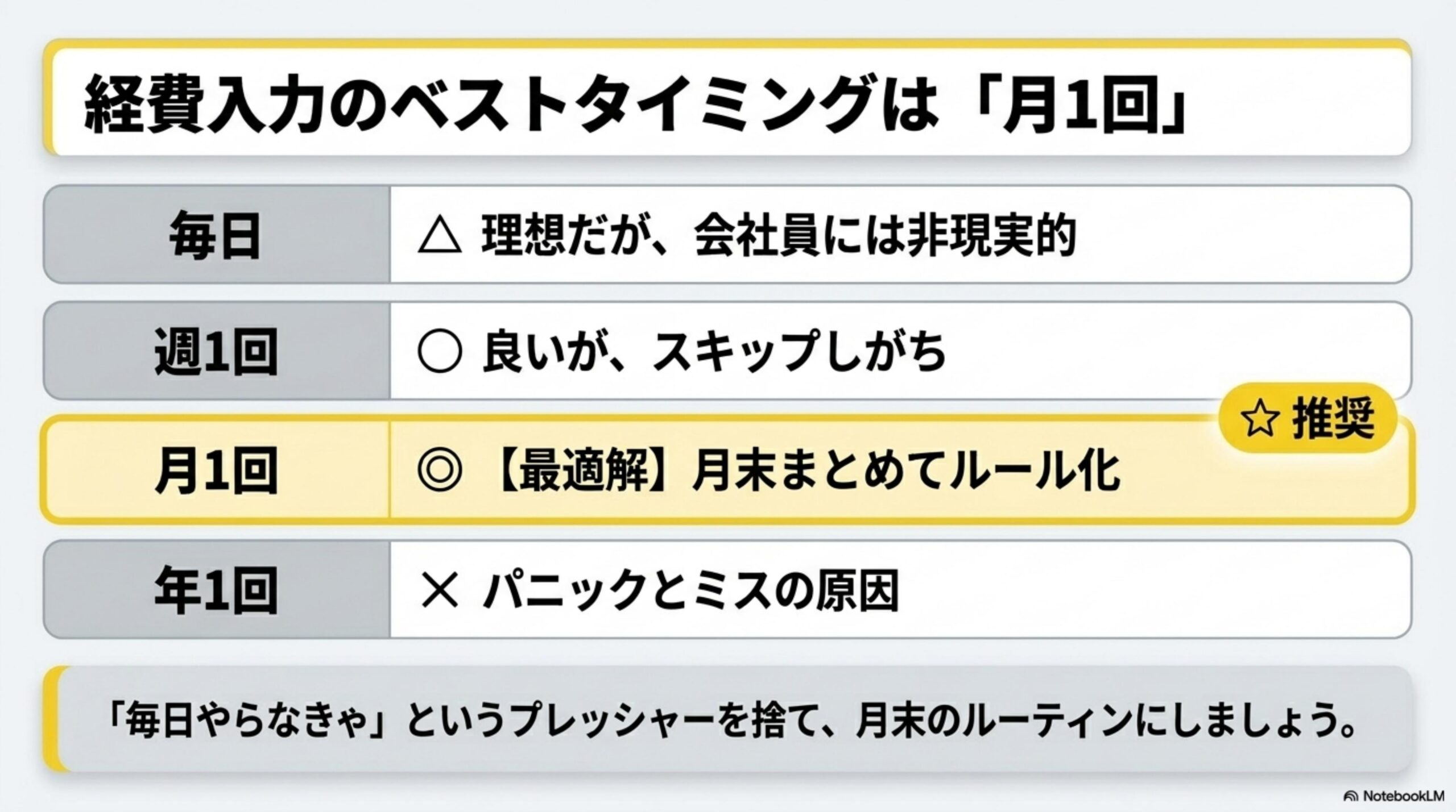 経費入力のベストタイミングは「月1回」。毎日：△ 理想だが、会社員には非現実的。週1回：○ 良いが、スキップしがち。月1回：◎【最適解】月末まとめてルール化（推奨）。年1回：× パニックとミスの原因。「毎日やらなきゃ」というプレッシャーを捨て、月末のルーティンにしましょう。