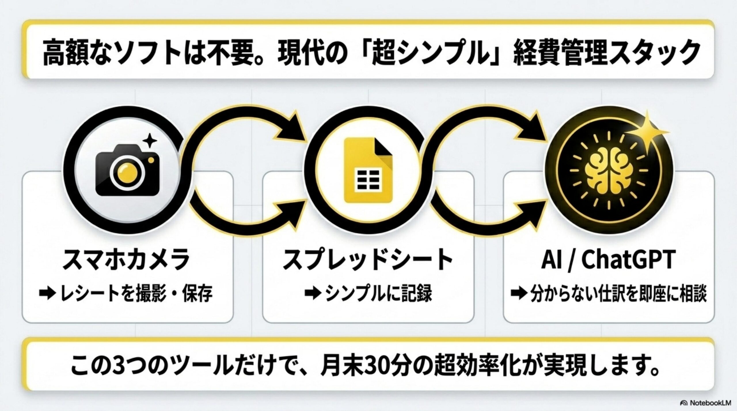 高額なソフトは不要。現代の「超シンプル」経費管理スタック。スマホカメラ→レシートを撮影・保存→Googleスプレッドシート→シンプルに記録→AI/ChatGPT→分からない仕訳を即座に相談。この3つのツールだけで、月末30分の超効率化が実現します。