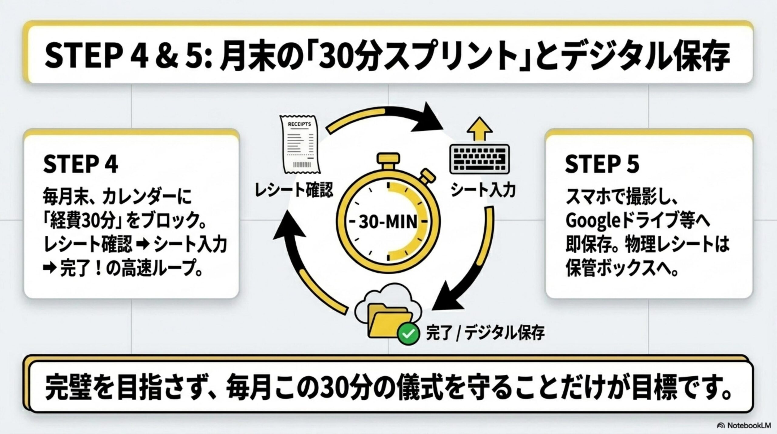 STEP4&5: 月末の「30分スプリント」とデジタル保存。STEP4：毎月末、カレンダーに「経費30分」をブロック。レシート確認→シート入力→完了！の高速ループ。STEP5：スマホで撮影し、Googleドライブ等へ即保存。物理レシートは保管ボックスへ。完璧を目指さず、毎月この30分の儀式を守ることだけが目標です。