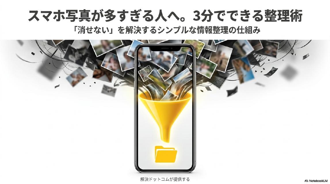 スマホ写真が多すぎる人へ。3分でできる整理術｜「消せない」を解決するシンプルな情報整理の仕組み。解決ドットコムが提供する。