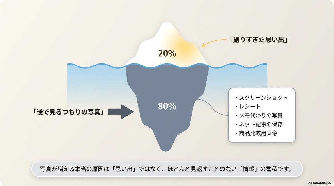 写真の氷山。水面上20%：「撮りすぎた思い出」。水面下80%：「後で見るつもりの写真」＝スクリーンショット・レシート・メモ代わりの写真・ネット記事の保存・商品比較用画像。写真が増える本当の原因は「思い出」ではなく、ほとんど見返すことのない「情報」の蓄積です。