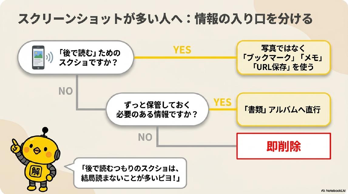 スクリーンショットが多い人へ：情報の入り口を分ける。「後で読む」ためのスクショですか？YES→写真ではなく「ブックマーク」「メモ」「URL保存」を使う。NO→ずっと保管しておく必要のある情報ですか？YES→「書類」アルバムへ直行。NO→即削除。カイピヨくん：「後で読むつもりのスクショは、結局読まないことが多いピヨ！」