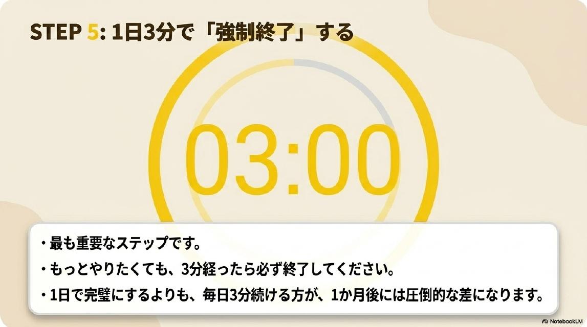 STEP5：1日3分で「強制終了」する。最も重要なステップです。もっとやりたくても、3分経ったら必ず終了してください。1日で完璧にするよりも、毎日3分続ける方が、1か月後には圧倒的な差になります。
