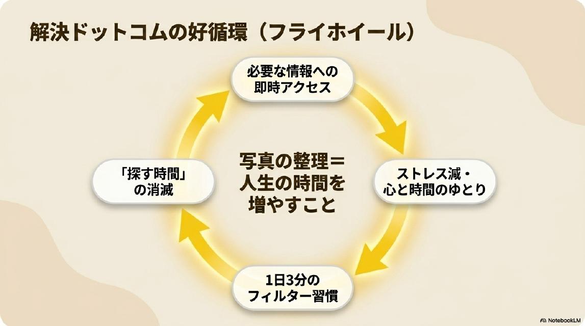 解決ドットコムの好循環（フライホイール）。写真の整理＝人生の時間を増やすこと。必要な情報への即時アクセス→ストレス減・心と時間のゆとり→1日3分のフィルター習慣→「探す時間」の消滅→必要な情報への即時アクセス（ループ）