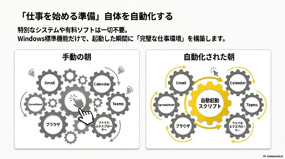 「仕事を始める準備」自体を自動化する。特別なシステムや有料ソフトは一切不要。Windows標準機能だけで、起動した瞬間に「完璧な仕事環境」を構築します。手動の朝（バラバラに動くGmail・Calendar・Spreadsheet・Teams・ブラウザ・ファイルエクスプローラー）→自動化された朝（自動起動スクリプトを中心に全部が連動）